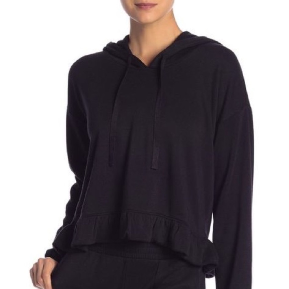Free Press Flirty Ruffle Black Hoodie | Feminine Casual Pullover